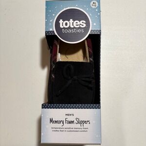 Totes Toasties Mens Memory Foam Slippers Black Red Plaid Moccasin XL 11-12 NEW‎